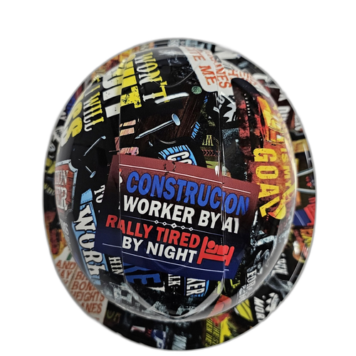 Construction Worker Sticker Bomb Custom Hydro Dipped Full Brim Hard Hat - Top View