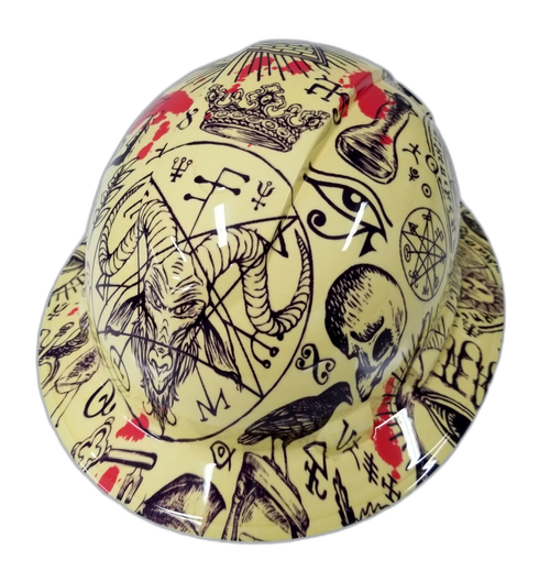 Alchemy Occult Wiccan Pentagram Custom Hydro Dipped Full Brim Hard Hat - Top View