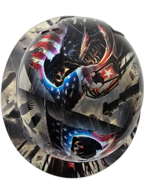 American Grim Reaper USA Flag Waving Custom Hydro Dipped Full Brim Hard Hat - Top View
