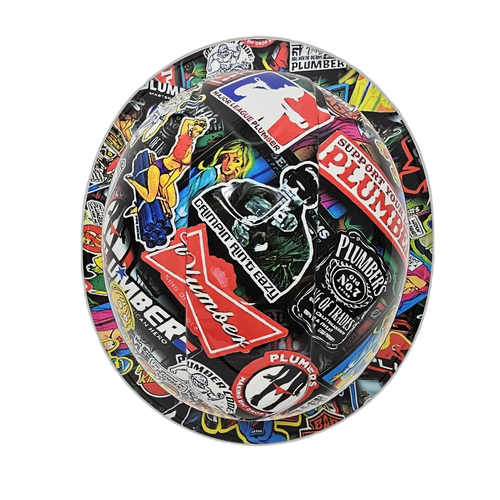 Plumbers Sticker Bomb Custom Hydro Dipped Full Brim Hard Hat - Top View