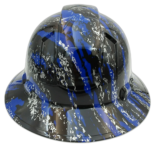 Urban Camo Blue Splash Custom Hydro Dipped Full Brim Hard Hat - Top View