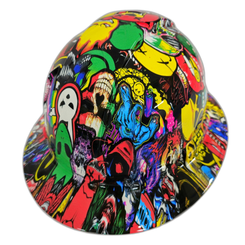 Full Color Cartoon Sticker Bomb hard hat top view