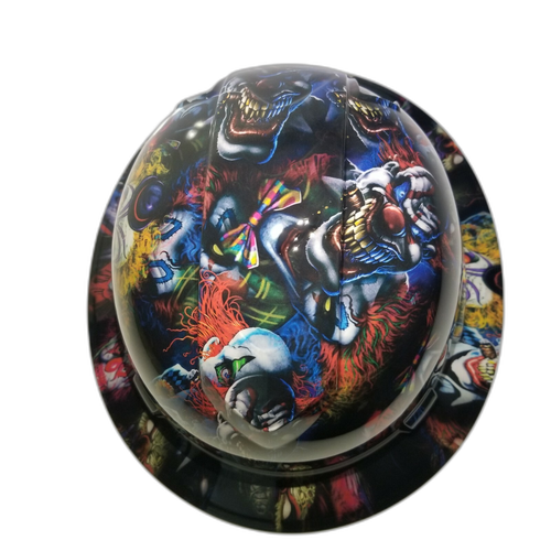 Big Bad Boss Man Clowns Custom Hydro Dipped Full Brim Hard Hat - Top View