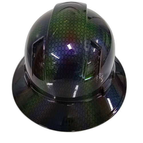 Multi Color Basket Weave Carbon Fiber Custom Hydro Dipped Full Brim Hard Hat - Top View