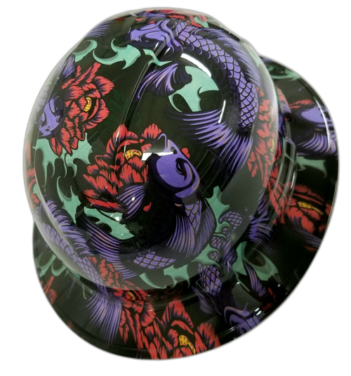 Japanese Koi Fish Tattoo Art Custom Hydro Dipped Full Brim Hard Hat - Top View