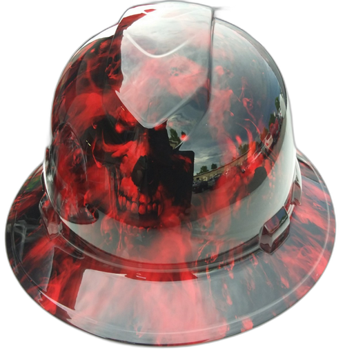 Red Hades Evil Skull Custom Hydro Dipped Full Brim Hard Hat - Top View