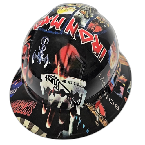 Heavy Metal Sticker Bomb Custom Hydro Dipped Full Brim Hard Hat - Top View