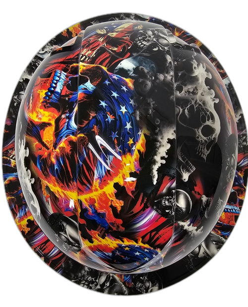 American Flaming Skulls Till Death Custom Hydro Dipped Full Brim Hard Hat - Top View