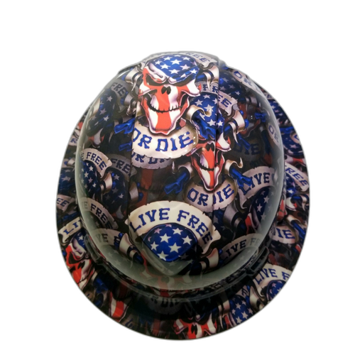 Live Free Or Die USA America Custom Hydro Dipped Full Brim Hard Hat - Top View