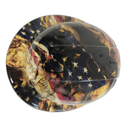 Battle Worn Tattered And Torn USA Flag Custom Hydro Dipped Full Brim Hard Hat - Top View