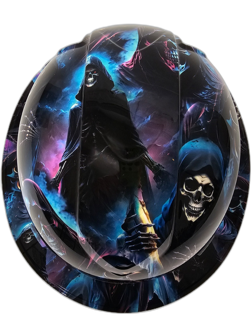 The Grim Reaper Midnight Creeper Custom Hydro Dipped Full Brim Hard Hat - Top View