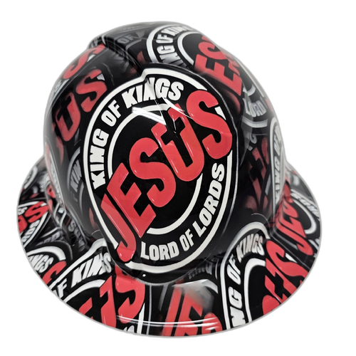 Jesus King Of Kings Lord Of Lords Custom Hydro Dipped Full Brim Hard Hat - Detail Close-Up