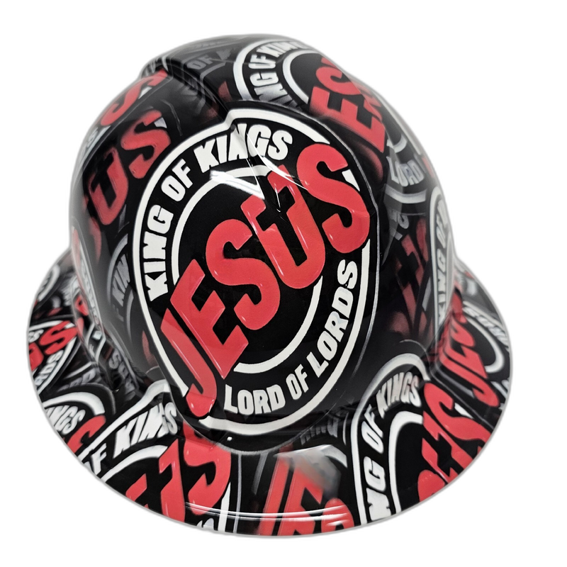 Jesus King of Kings Red & Black hard hat detail close-up