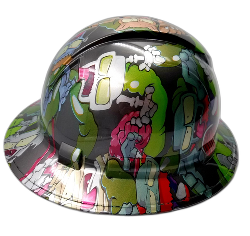 Comic Book Zombie Squad Custom Hydro Dipped Full Brim Hard Hat - Detail Close-Up