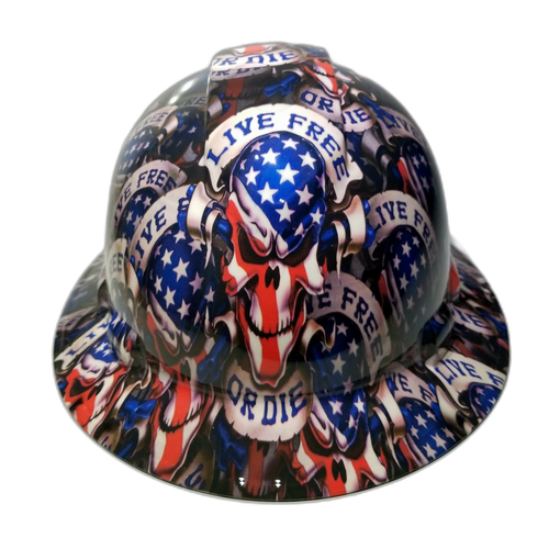 Live Free Or Die USA America Custom Hydro Dipped Full Brim Hard Hat - Detail Close-Up