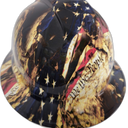 Battle Worn Tattered And Torn USA Flag Custom Hydro Dipped Full Brim Hard Hat - Detail Close-Up