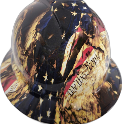 Battle Worn Tattered And Torn USA Flag Custom Hydro Dipped Full Brim Hard Hat - Detail Close-Up