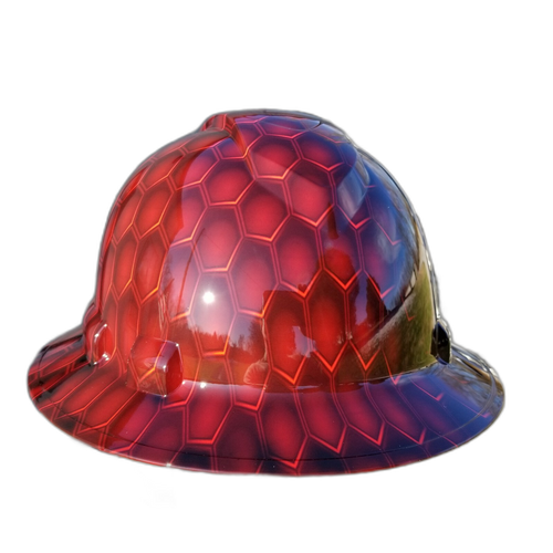 3D Red Hex Carbon Deep 3D Effects Custom Hydro Dipped Full Brim Hard Hat - Detail Close-Up