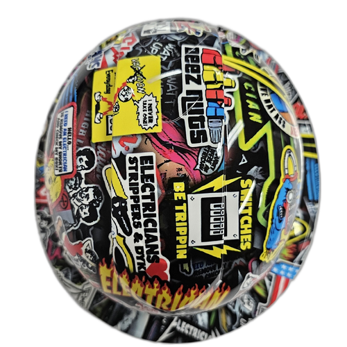Electrician Extreme Sticker Bomb Custom Hydro Dipped Full Brim Hard Hat - Detail Close-Up