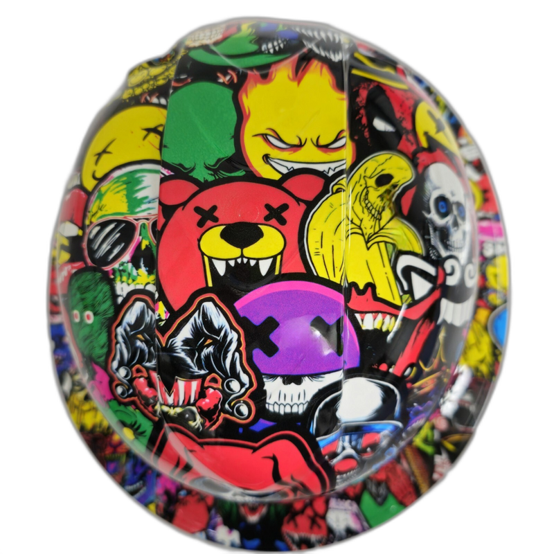 Full Color Cartoon Sticker Bomb hard hat detail close-up