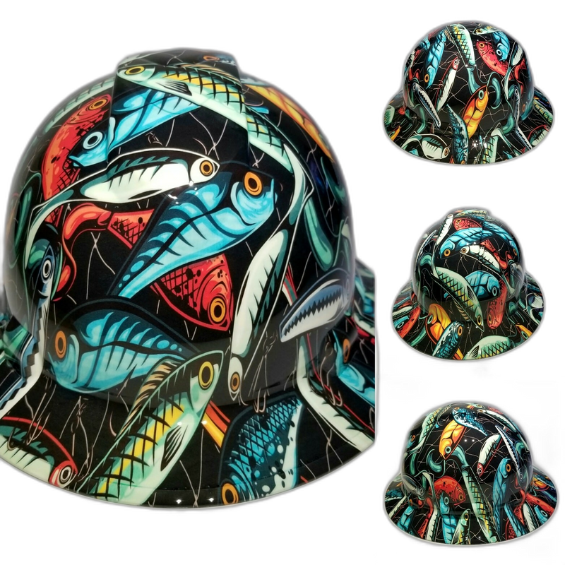 Big Bass Fishing Lure Pattern hard hat detail close-up