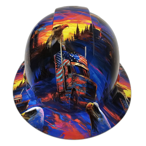 American Trucker White Line Fever Custom Hydro Dipped Full Brim Hard Hat - Detail Close-Up