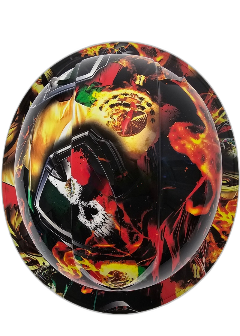 Mexican Flag Flame Skull hard hat detail close-up