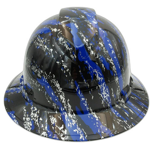 Urban Camo Blue Splash Custom Hydro Dipped Full Brim Hard Hat - Detail Close-Up