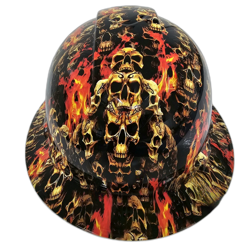 Gate of Skulls Stacked Evil Custom Hydro Dipped Full Brim Hard Hat - Detail Close-Up