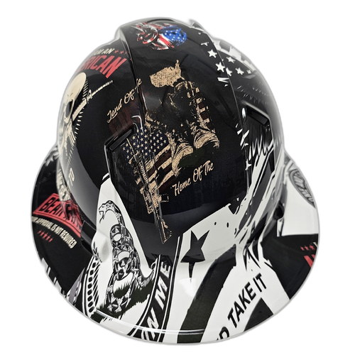 Patriot Come And Take It Sticker Bomb Custom Hydro Dipped Full Brim Hard Hat - Detail Close-Up