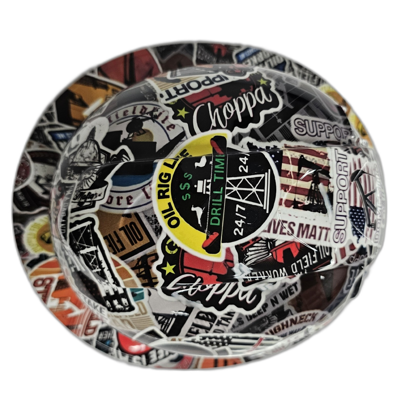 Oil Field Roughneck Sticker Bomb hard hat detail close-up
