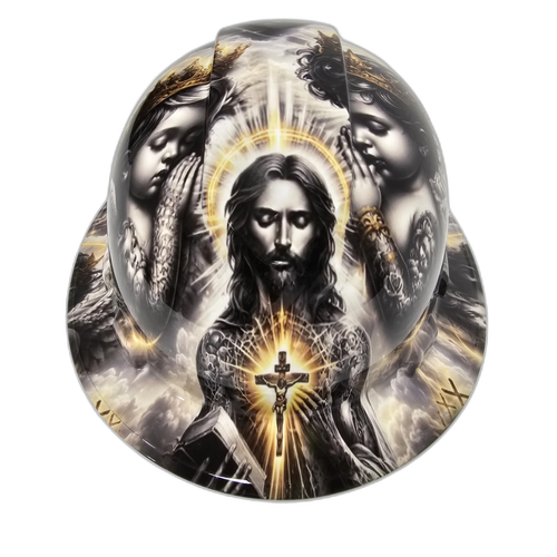 Jesus With Cherubs Live In The Light custom hydro dipped full brim hard hat, front view